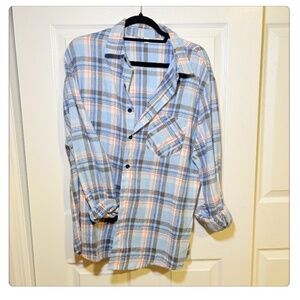 Blue Plaid Button Down Shirt Lightweight Flannel Oversized Casual Pocket Top Lar